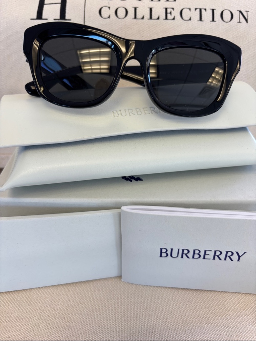 Burberry Black Oversized Cat-Eye Sunglasses with authenticity paper
